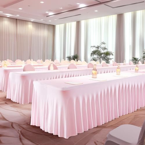 2 Packs Pink Table Clothes for 6 Foot Rectangle Tables, One-Piece Wrinkle Resistant Stretch Spandex Table Covers with Skirt for Event Banquet Wedding Birthday Party - Image 6