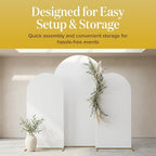 Metal Arch Backdrop Stand and Cover Set – 3 Gold Frames (7.2ft, 6ft x2) with White Wrinkle-Free Spandex Covers, Water Weights, Bags & Case – Wedding, Birthday, Baby Shower, Party Decor - Image 4