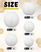 Treela Paper Lanterns Bulk, 5 Sizes, Round Chinese Lamp, White, 80 Pcs - Image 4