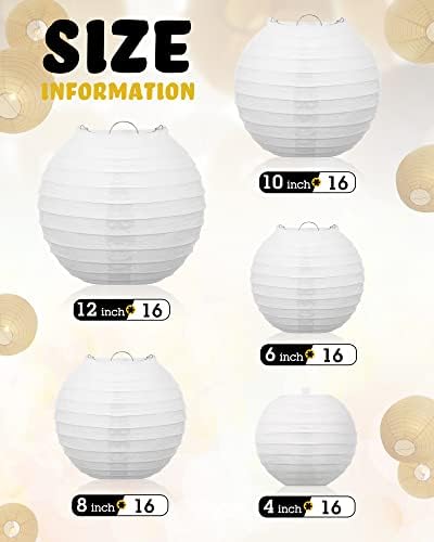 Treela Paper Lanterns Bulk, 5 Sizes, Round Chinese Lamp, White, 80 Pcs - Image 4
