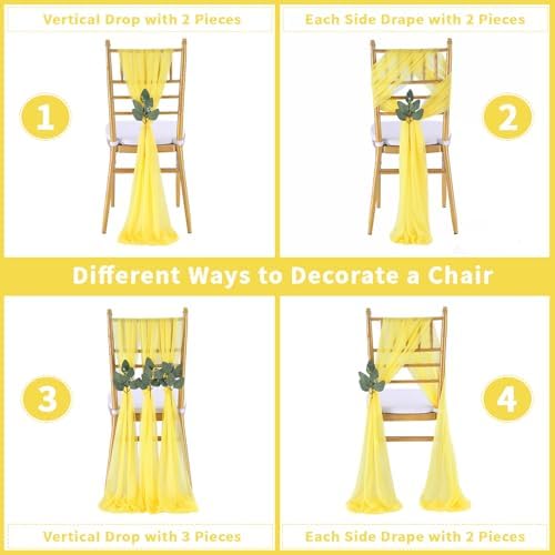 QueenDream Yellow Chair Sashes Wedding: 36 Pieces Long Sheer Wedding Aisle Chair Decorations Tulle Chairs Covers with Artificial Eucalyptus - Image 5