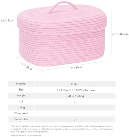 Sea Team Oval Storage Basket, Woven Cotton Rope Basket with Lid, Pink - Image 5