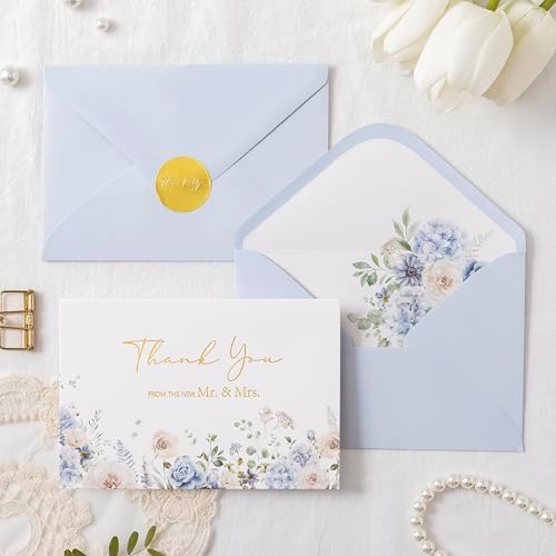 Crisky Blue Floral Wedding Thank You Cards with Envelopes & Stickers From Mr & Mrs, 100 Pack Gold Foil Eucalyptus Leaves Thank You Greeting Note Cards Bulk for Bridal Shower - Image 6