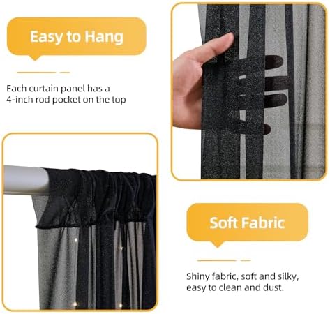 10x10ft Black Tulle Backdrop Curtains with Lights String for Parties, Wrinkle Free Shiny Sheer Curtain Wedding Photo Backdop Drapes for Baby Shower Birthday Party Photography Home Decorations - Image 2
