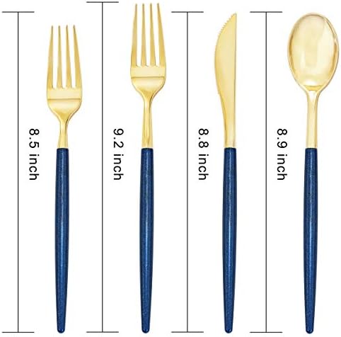 Supernal 180Pcs Gold and Blue Plastic Silverware Set for Wedding and Party - Image 6