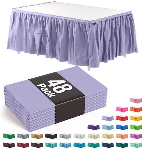 Exquisite Lavender Table Skirt 48 Pack - Disposable Plastic Table Skirts for Rectangle Tables 6ft 8ft & Round Tables - 29in x 14ft Self-Adhesive Strip - Birthday Wedding Gender Reveal Decor by Exquisite
