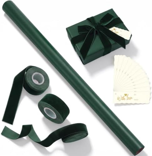 Matte Green Christmas Kraft Wrapping Paper 45 ft Velvet Ribbon 12 Gift Tags by Ctosree