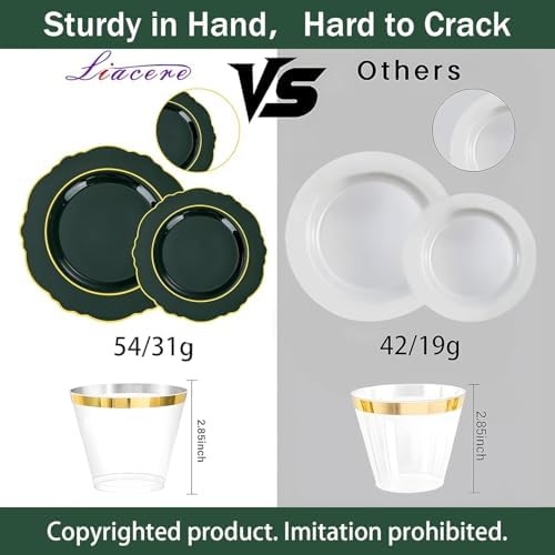 Liacere 350PCS Green Plastic Plates - Dark Green Disposable Plates With Gold Rim - 50Guest Baroque Plastic Dinnerware include 100Plates-50Pcs Pre Rolled Napkins with Silverware 50Cups for Party - Image 2
