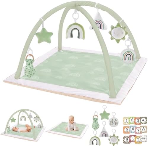 Mallify Washable Tummy Time Mat, Baby Play Gym with 6 Featured Toys, Baby Gym for Infant & Toddler, Larger Baby Play Mat, Deluxe Baby Play Mats for Floor, Sensory and Motor Skill Development, Green by MF