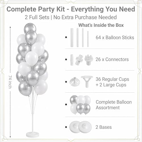 Balloon Column Kit Set of 2 With Balloons Included - with Base, and Pole,Balloon Tower Backdrop Decoration for Wedding, Baby Shower, Birthday Party, or Bachelorette Parties (Silver White) - Image 2