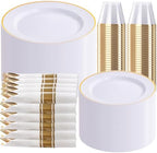 SUT 350 Pcs Gold and White Plastic Dinnerware Set for 50 Guests, Include: 50 Dinner Plates, 50 Dessert Plates, 50 Pre Rolled Napkins With Silverware, 50 Cups, Disposable Plates for Party, Wedding by SeeYouTomorrow
