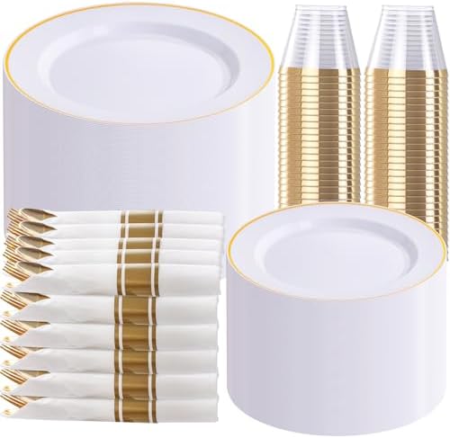 SUT 350 Pcs Gold and White Plastic Dinnerware Set for 50 Guests, Include: 50 Dinner Plates, 50 Dessert Plates, 50 Pre Rolled Napkins With Silverware, 50 Cups, Disposable Plates for Party, Wedding by SeeYouTomorrow