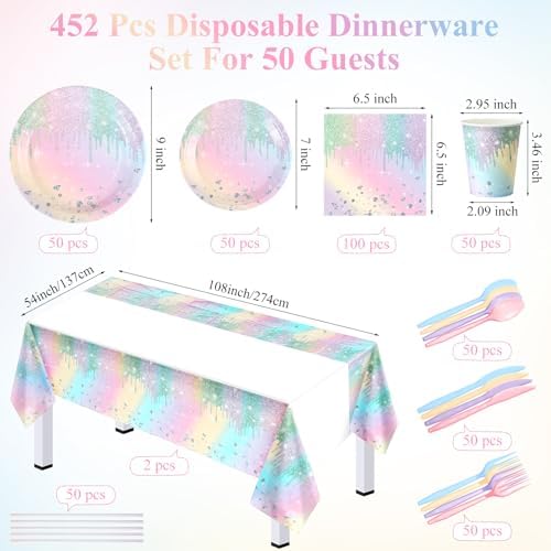 Funnymoom 452 Pcs Iridescent Diamond Birthday Party Decorations for 50 Guests, Glitter Pastel Rainbow Paper Plates and Napkins Cups Tablecloth Cutlery Straws for Women Birthday Baby Shower Supplies - Image 3