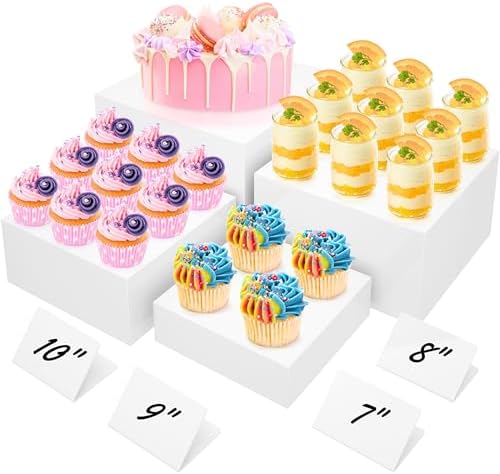 10” Large Buffet Risers with Mini Signs, Table Risers, Buffet Risers and Stands, Acrylic Cube Display Box Riser for Catering Party Buffet Table Food Display, Dessert, Cakes - White, Set of 4 Boxes by Unknown