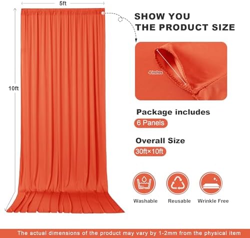 30ft x 10ft Orange Backdrop Drapes for Wedding Parties, 6 Panels Wrinkle-Free Polyester Fabric Background Curtains for Reception, Birthday, Baby Shower Decorations - Image 4