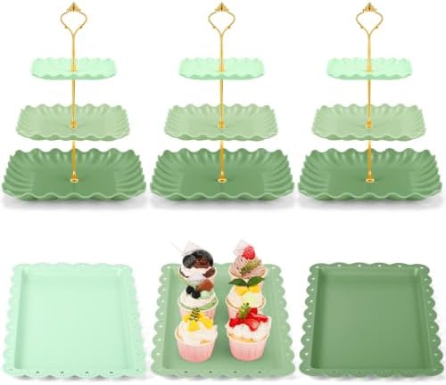 FoldTier 6 Pack Cupcake Stand Set 3 Pcs 3 Tier Gradient Dessert Table Display Stands Cookie Tray Rack 3 X14 in Rectangle Party Trays for Wedding Birthday Tea Party Baby Shower(Green,Rectangle) by FoldTier