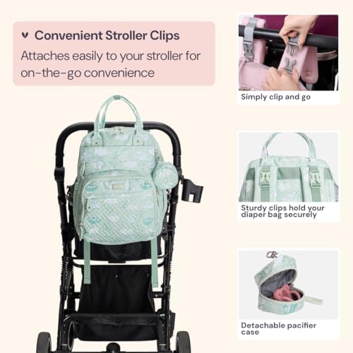 BabbleRoo Diaper Bag Backpack - Baby Essentials Travel Tote - Multi Function Water Resistant Diaper Bag, Travel Essentials Baby Bag with Changing Pad, Stroller Straps & Pacifier Case - Green Birdy - Image 6