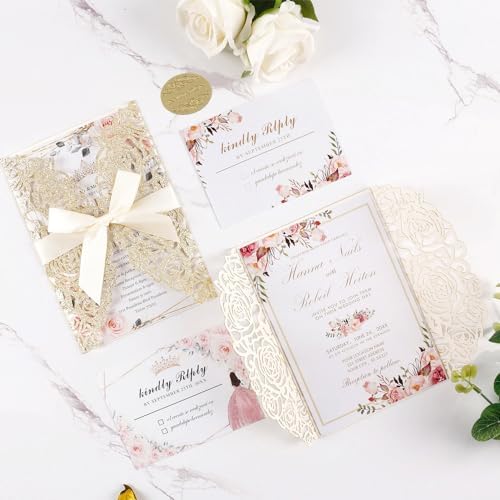 50pcs Gold Glitter Laser Cut Invitation Pockets with Blank Inner Sheets - Image 7