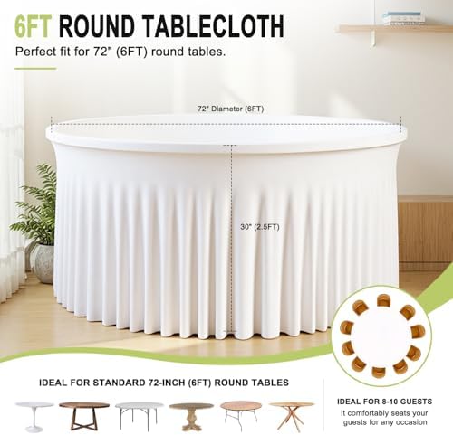 4 Pack 132 inch White Round Tablecloth, Fitted Tablecloths for 6 FT Round Tables, Spandex Table Cloths for Circle Tables for Wedding Photography Party Professional Events 16th Birthday Decorations - Image 2