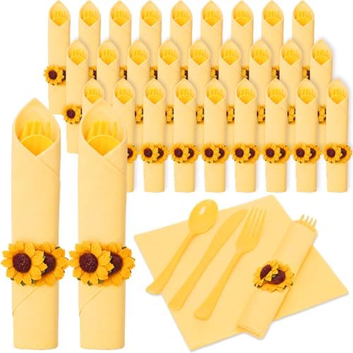 30 Set Sunflower Pre Rolled Napkins with Plastic Silverware by Lanties