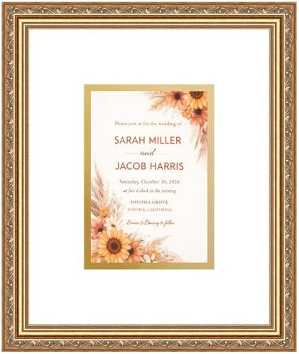Poster Palooza Wedding Invitation Display Frame 10.75x12.75 in Bronze With White and Metallic Gold Double Mat for 5x7 Standard Keepsake | USA Made by PosterPalooza