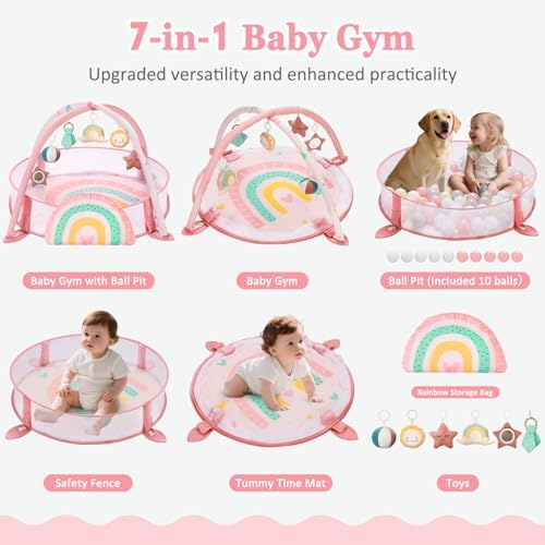 7-in-1 XL Large Baby Play Gym Mat, Tummy Time Mat, Baby Gym & Ball Pit, Baby Activity Mat with Milestone Cards & 6 Detachable Toys for Sensory Motor Skill, Rainbow - Image 2
