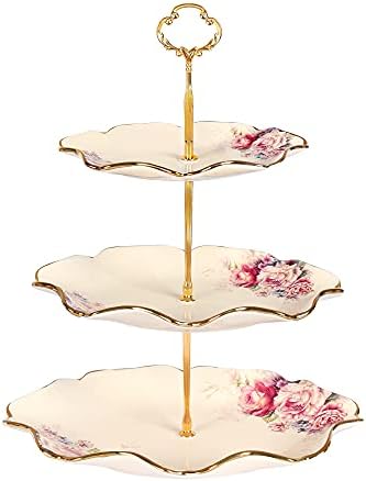 fanquare 3-Tier Royal Vintage Floral Cupcake Stand with Gold Trim by fanquare