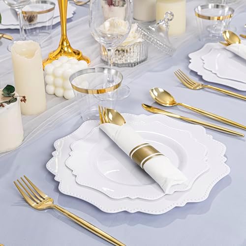 COLOSUS 350PCS Fancy White Plastic Plates With Gold Plastic Cutlery Set. - Image 5