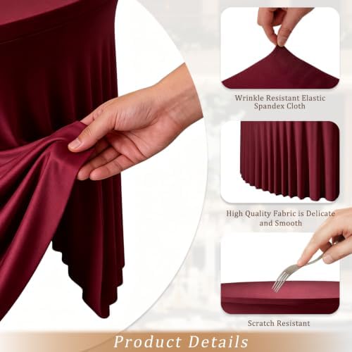 Burgundy Round Spandex Tablecloth, 5FT Stretchy Table Cloth with Skirt, 4PCS Washable Fitted Tablecloth, Circle Wrinkle Free Table Cover for Wedding Party Dining - Image 4