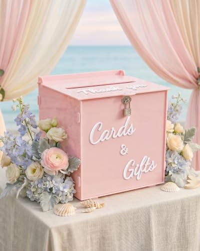 Dusty Rose Acrylic Wedding Card Box with Lock, 10" Card Holder with Slot by CORALMEE