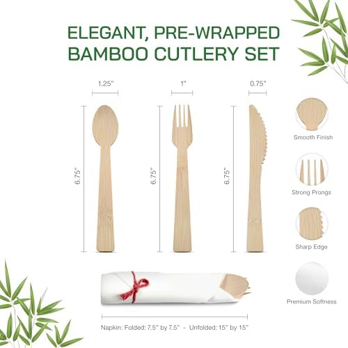 Prerolled Disposable Bamboo Cutlery Set – 50 Pack Pre Wrapped Silverware and Napkin Bundle with Forks, Knives, Spoons for Parties, Weddings, Events, and BBQ (Red String) - Image 3