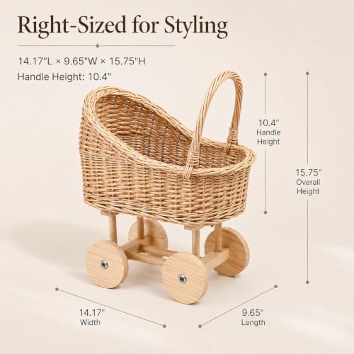 15 Inch Wicker Baby Carriage Basket, Vintage Rattan Stroller Flower Basket for Baby Shower Centerpiece, Woven Carriage Decor for Wedding, Nursery Display and Photography Prop (Large) - Image 3
