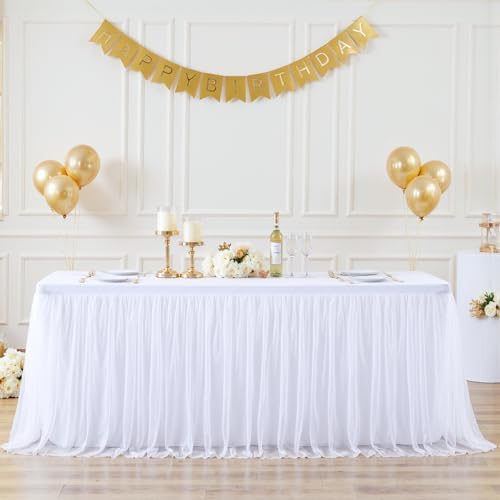 2 Pack 8ft White Table Cloths Rectangle Tulle Tablecloth Fitted White Tablecloths for 8 foot Rectangle Tables Stretch Spandex Table Cover for Parties Wedding Birthday Events Banquet Desk Table Skirt - Image 2