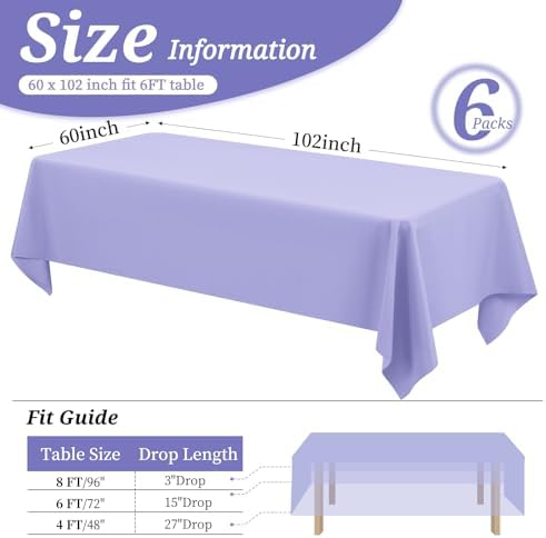 6 Pack Tablecloth 60 x 102 inch Polyester Table Cloth for 6 Foot Rectangle Tables,Stain and Wrinkle Resistant Washable Fabric Table Covers Polyester Lavender Table Clothes for Wedding,Party,Banquet - Image 2