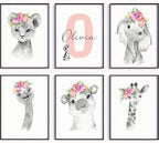 Personalized Safari Nursery Wall Art Set – Custom Name Jungle Animal Prints – Baby Girl Room Decor Pictures Pink Floral Accents – Unframed – Baby Shower for Girls (Personalized Set of 6, 11x14) by PrintsMadePerfect