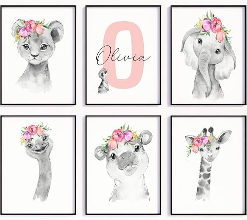 Personalized Safari Nursery Wall Art Set – Custom Name Jungle Animal Prints – Baby Girl Room Decor Pictures Pink Floral Accents – Unframed – Baby Shower for Girls (Personalized Set of 6, 11x14) by PrintsMadePerfect