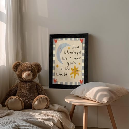 Black Framed Colorful Kids Quotes Motivational Wall Art 12x16 inch HOW WONDERFUL LIFE IS NOW YOU'RE IN THE WORLD Poster Cute Moon And Stars Canvas Prints Nursery Classroom Wall Decor - Image 3