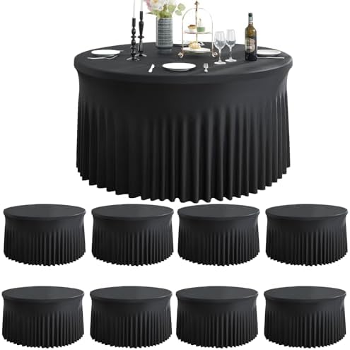 8 Pack Spandex Black Round Tablecloths for 72inch Table, Wrinkle Free 132inch Stretchy Fitted 6ft Round Table Cloth Covers with Skirt for Wedding Birthday Graduation Parties Banquet Events by Htper
