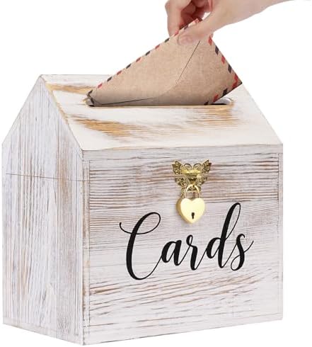 Yamahiko Card Box Wedding Card Box for Reception, Vintage Large Wedding Gift Card Holder Box with Heart Lock, Big Wedding Card Envelope Holder Box with Lid Wood Card Box for Wedding Party, White by Yamahiko