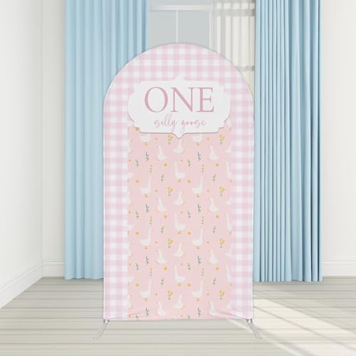 One Silly Goose Arch Backdrop Cover 6FT Pink Plaids Stretchy Arched Stand Cover for Baby Girls 1st Birthday Baby Shower Party Decoration - Image 2