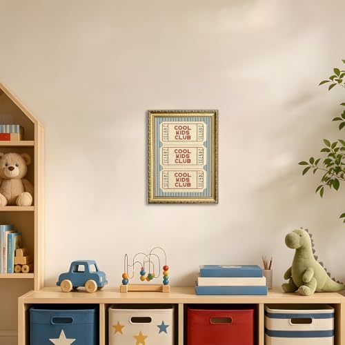 Vintage Cool Kids Club Wall Art Retro Ticket Kids Quote Wall Decor Picture Preppy Blue Striped Sign Poster Canvas Painting Print for Playroom Bedroom Nursery 24x16 inch Gold Framed - Image 3