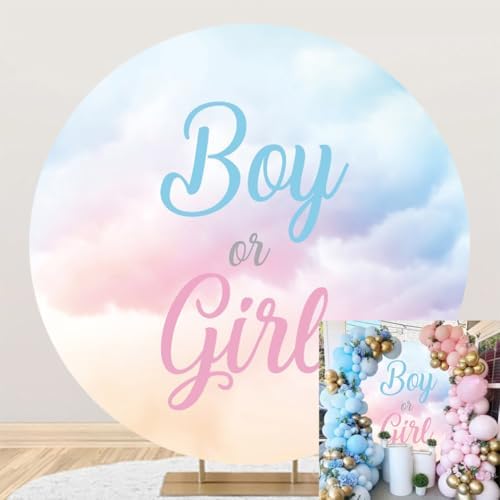 Laeacco 6.5x6.5ft Boy or Girl Gender Reveal Round Backdrop Blue Pink Clouds Circle Background for Photography Newborn Baby Shower Gender Reveal Surprise Party Cake Table Decorations Photo Booth Props by Laeacco