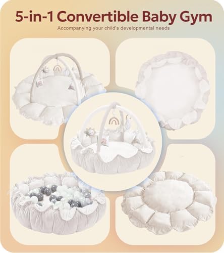 5-in-1 Thick & Plush Baby Play Gym, Baby Play Mats for Floor, Tummy Time Mat with 6 Toys, Convertible Stage-Based Developmental from Babies to Toddlers, Ball Pit, White - Image 2