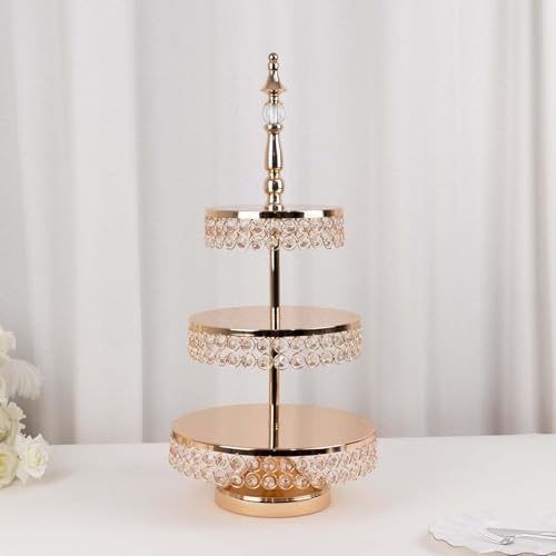 Efavormart 3-Tier Crystal Beaded Gold Metal Cake Stand, Cupcake Tower Dessert Display Stand with Round Mirror Top - 26" Tall - Image 2