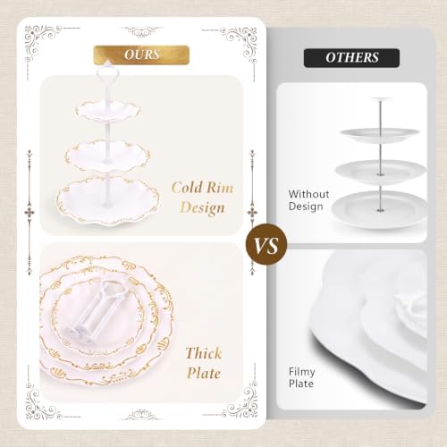 10 Pcs Cupcake Stand,Dessert Table Display Set with Gold Rim,3 x Three-Tier and 3 x Two-Tier Cake Stands,4 x Appetizer Serving Trays for Birthday, Wedding, Baby Shower,Tea Party (White) - Image 4