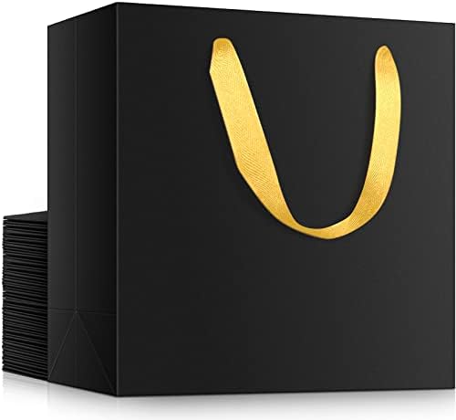 EUSOAR Large Black Golden Handles Shopping Bags, 25 Pack 12.5x4.5x11 inches Gift Wrap Bags Handles Bulk, Merchandise Retail Wrapping Bags for Business, Craft Grocery, Wedding by EUSOAR