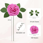 100PCS Hot Pink Artificial Flowers Realistic Roses, Real Looking Fake Roses with Stem for DIY Wedding Bouquets Centerpieces Bridal Shower Party Home Romantic Decorations (Hot Pink, 100pcs) - Image 2