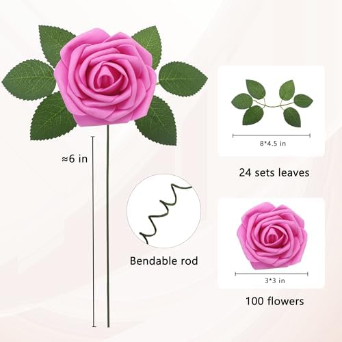 100PCS Hot Pink Artificial Flowers Realistic Roses, Real Looking Fake Roses with Stem for DIY Wedding Bouquets Centerpieces Bridal Shower Party Home Romantic Decorations (Hot Pink, 100pcs) - Image 2