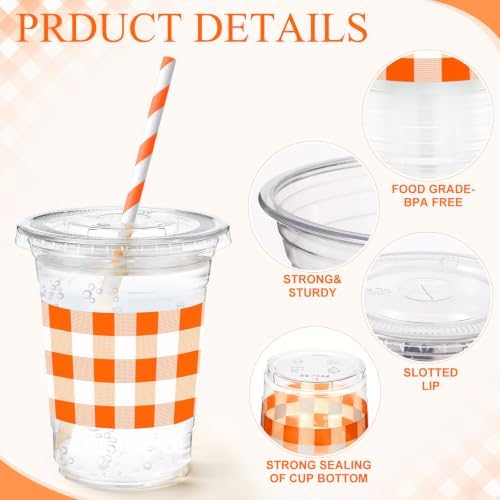Sliner 50 Sets Orange White Gingham Plaid Party Plastic Cups 16oz - Image 2