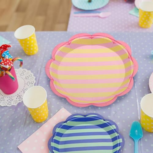 Domensi 60 Pcs Pastel Paper Plates for Party, Scalloped,Stripe,4 Color - Image 6